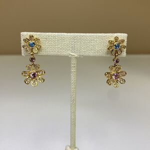 Joan Rivers Double Rhinestone Flower Dangle Pierced Earrings Pink Blue Gold Tone